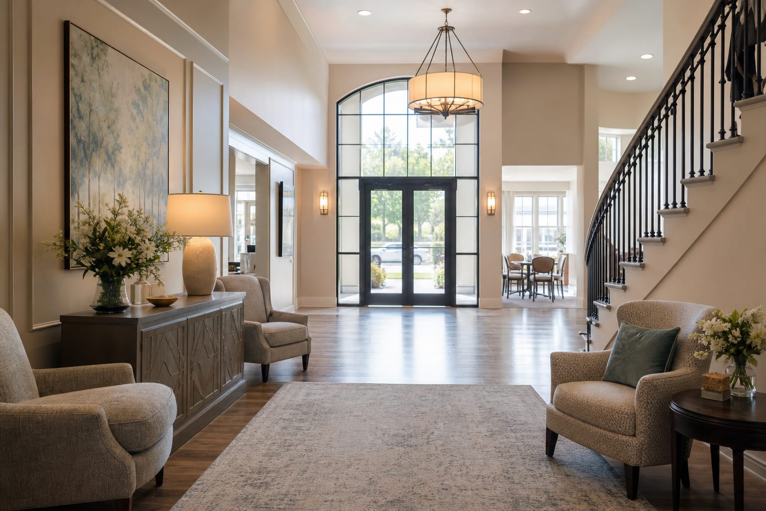 Welcoming senior living foyer with soft natural light