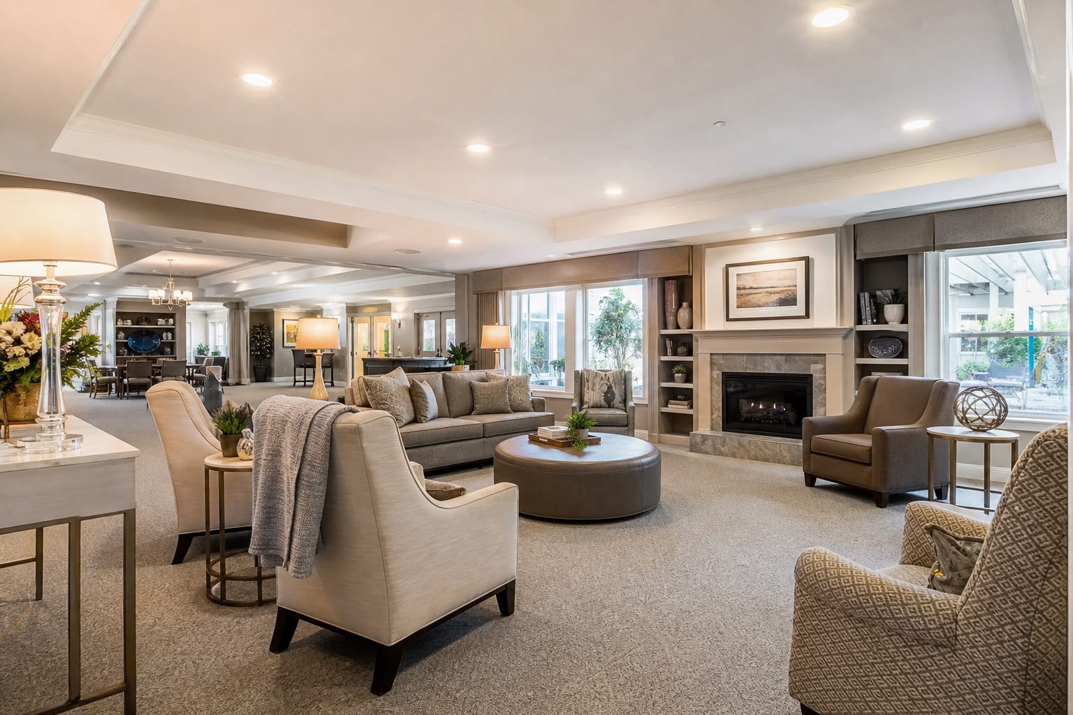 Bright assisted living lounge with comfortable seating