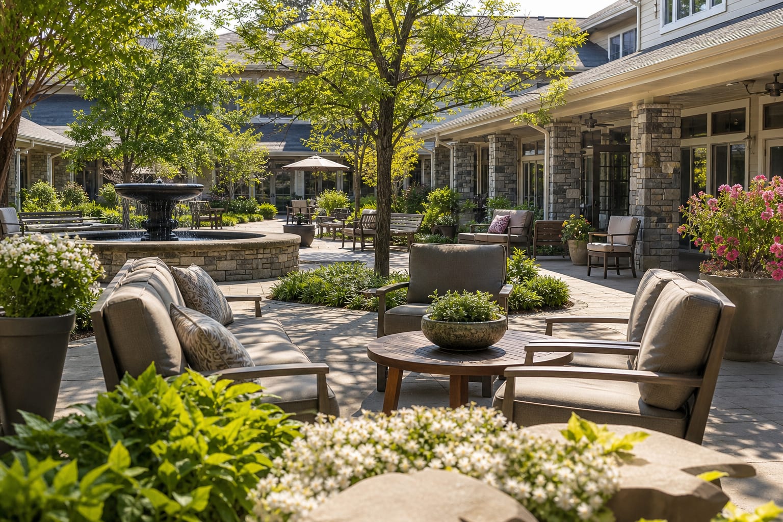 Bright senior living courtyard patio with soft morning light