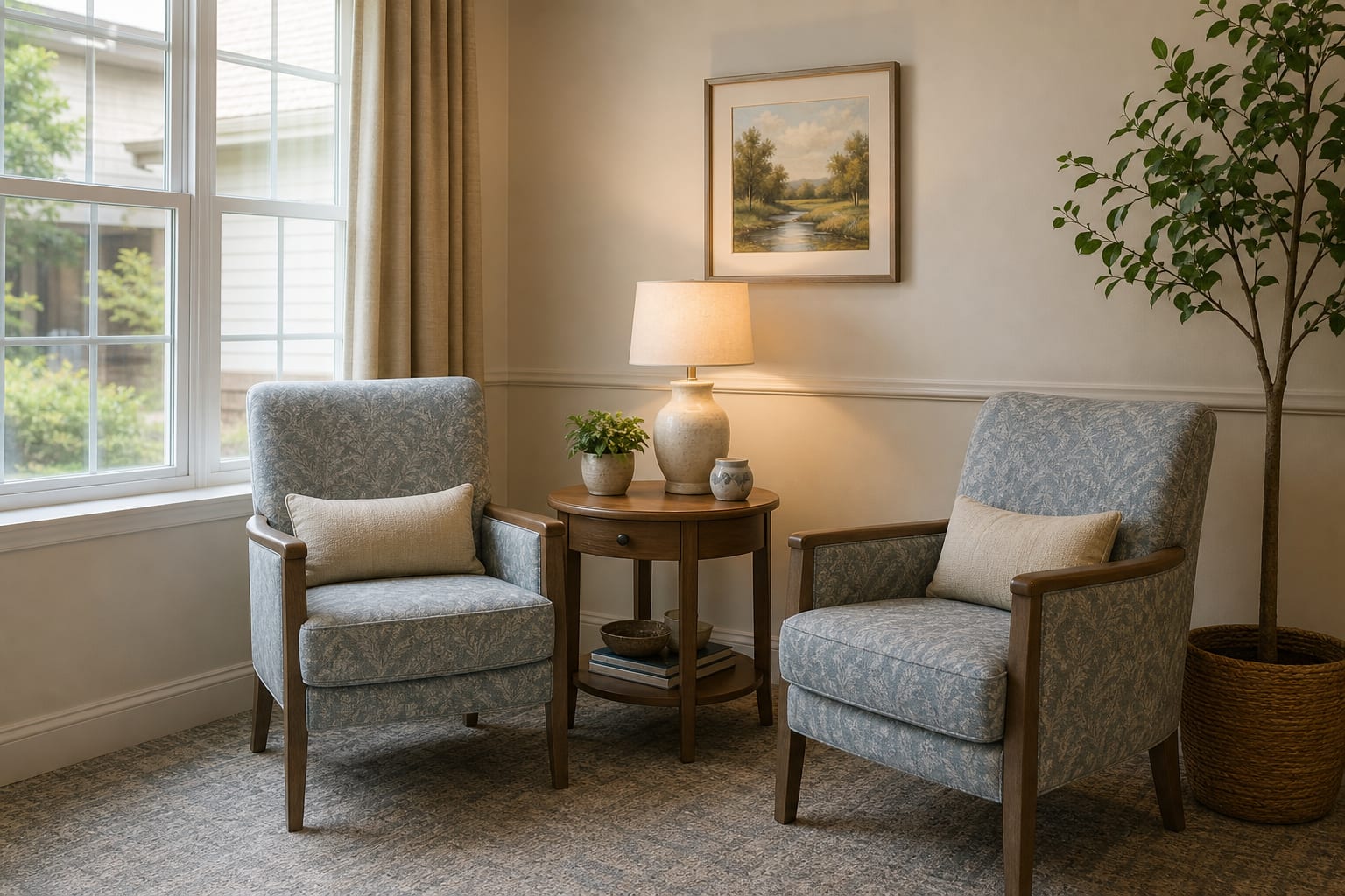 Calm senior living seating alcove with soft window light