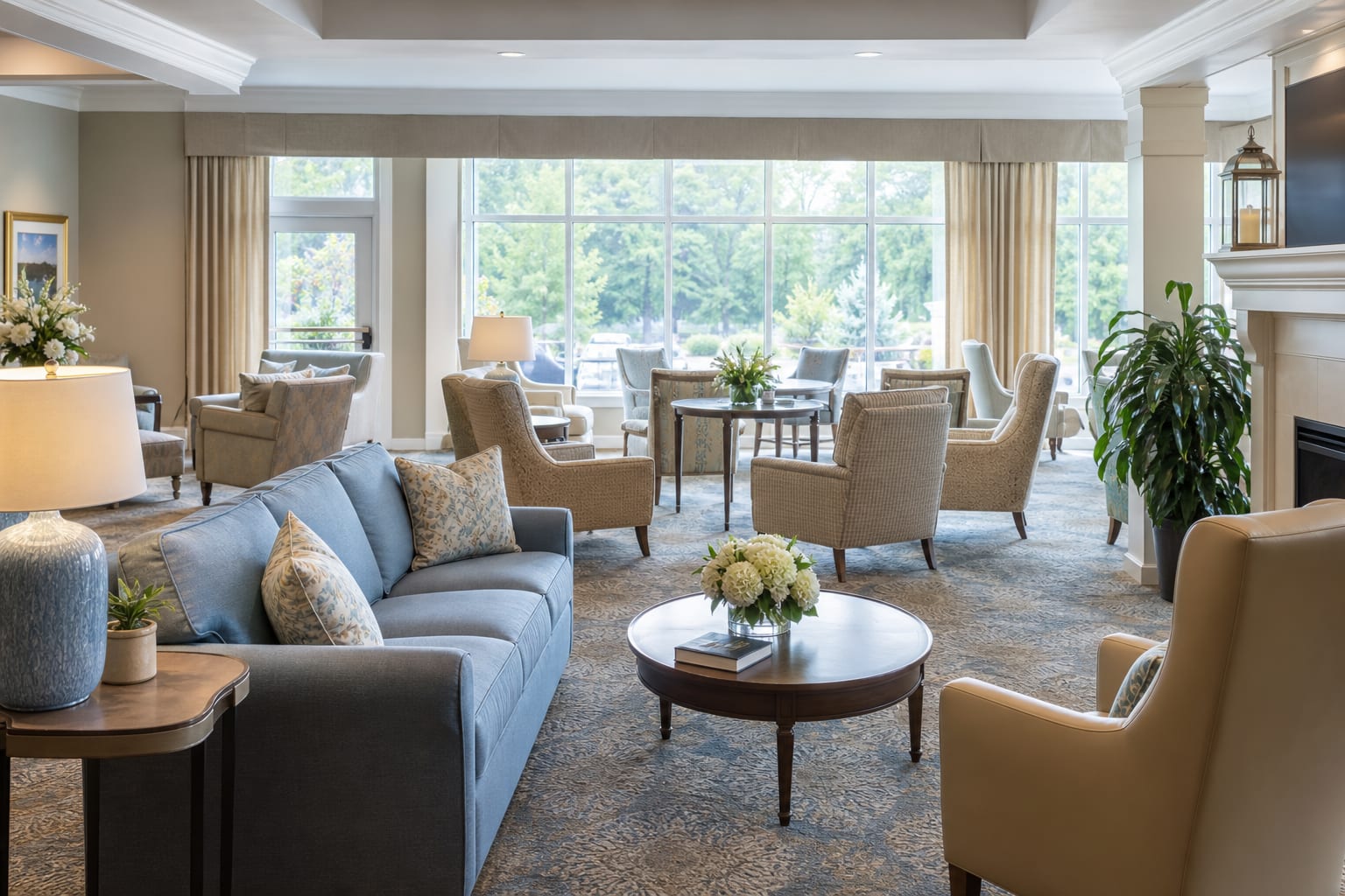 Bright senior living lounge with soft natural light