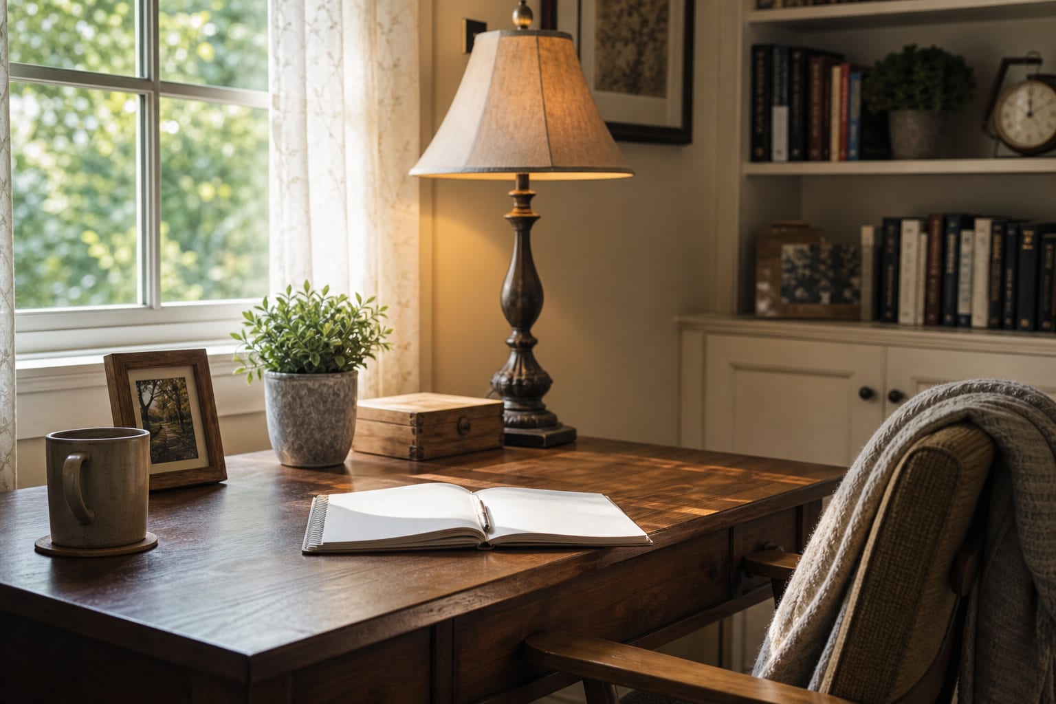 Quiet workspace near a window with soft morning light