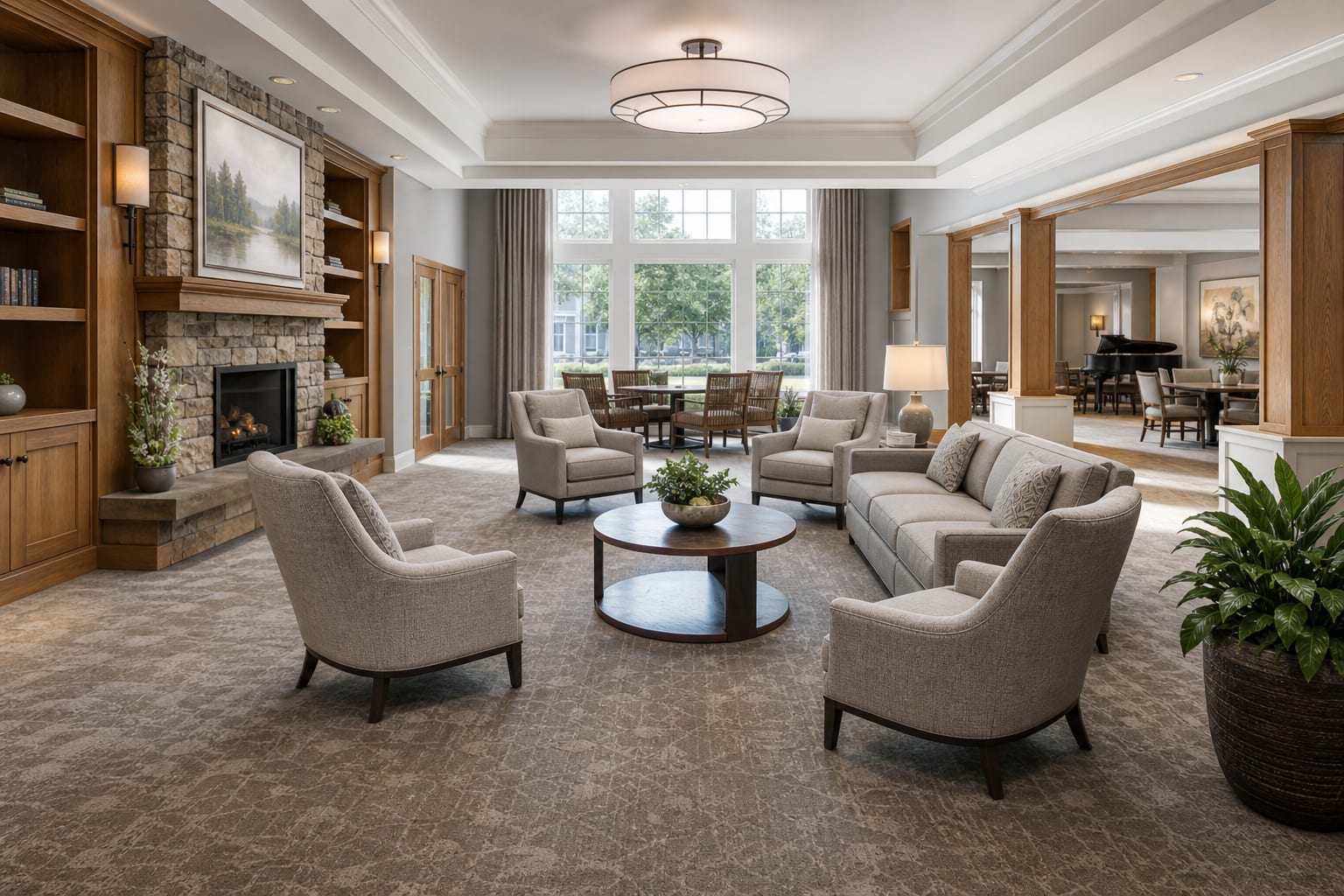 Welcoming luxury senior living lobby with natural light