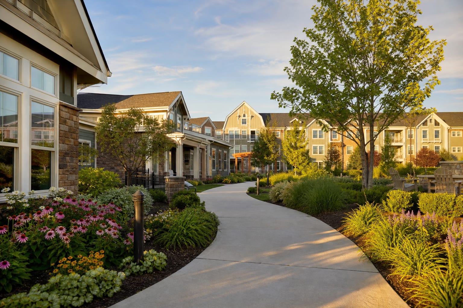 Landscaped senior living campus pathway in soft afternoon light