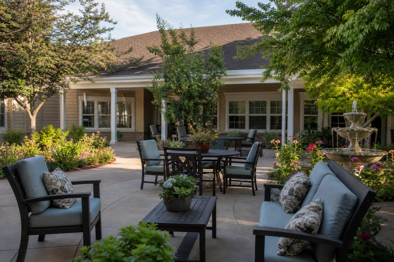 Calm senior living courtyard for reputation and trust