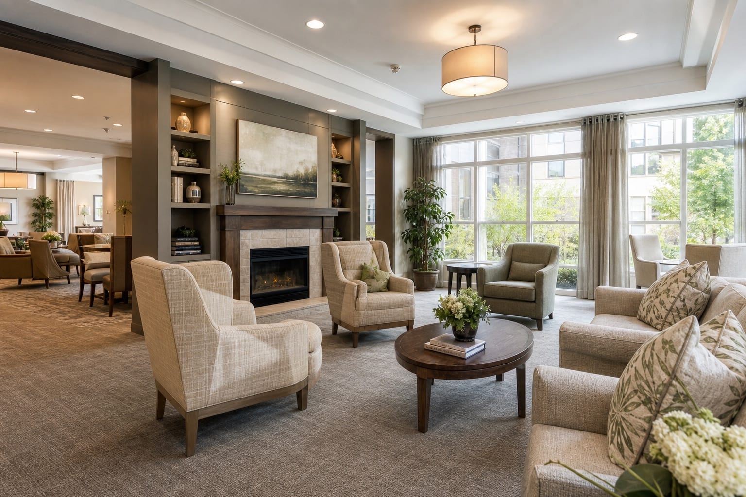 Bright, welcoming senior living living room with natural light
