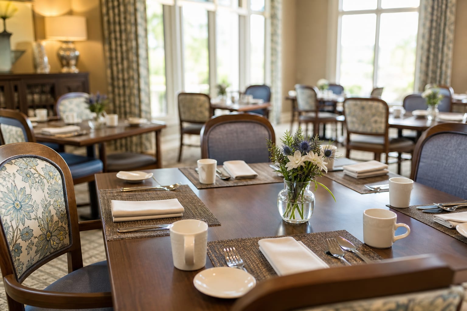 Bright senior living dining room for social storytelling