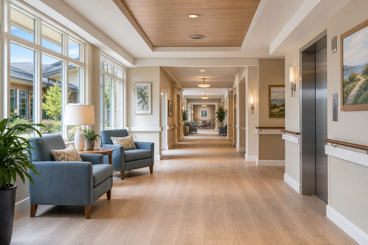 Clear, well-lit senior living corridor for accessible wayfinding