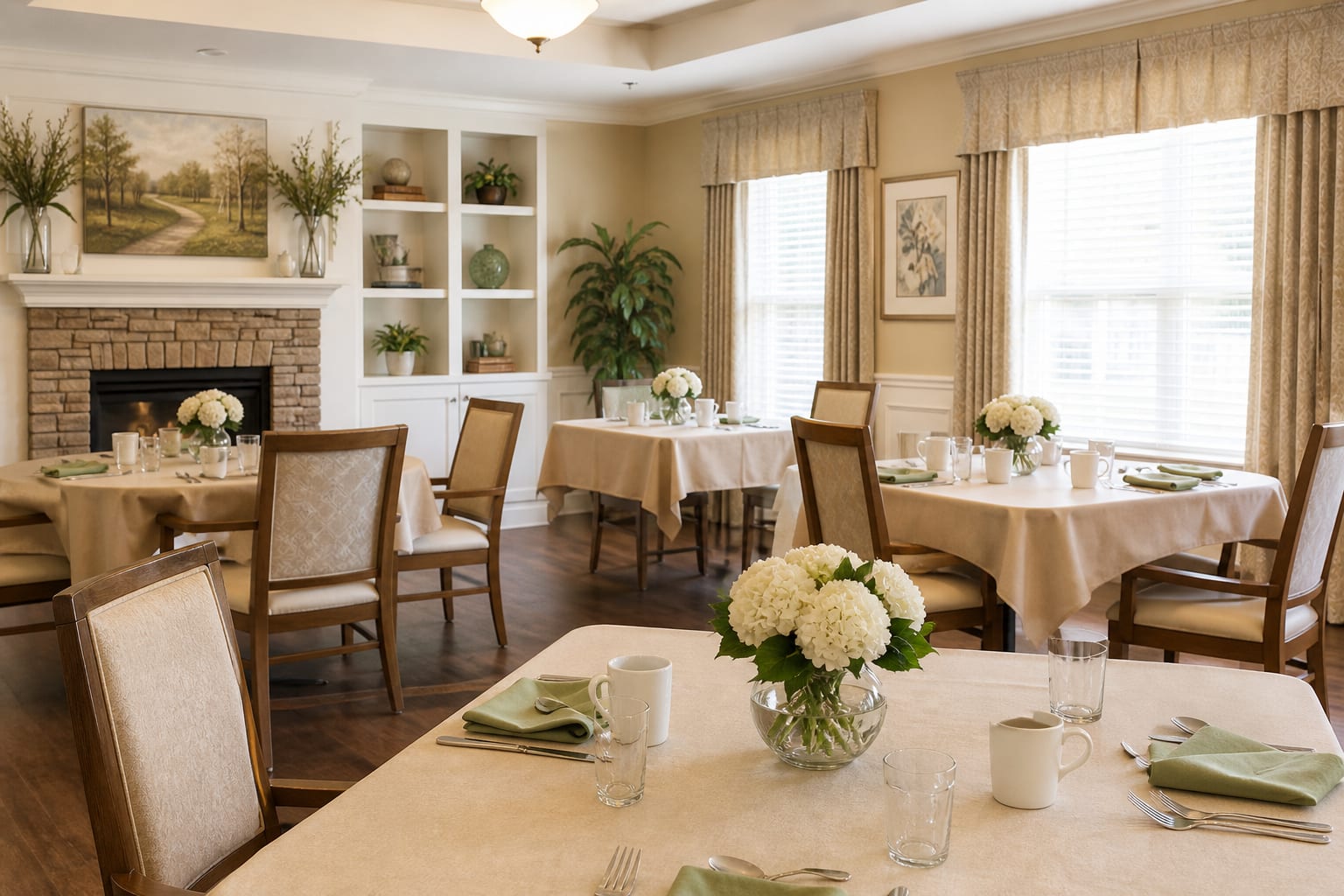 Bright assisted living dining room with soft natural light