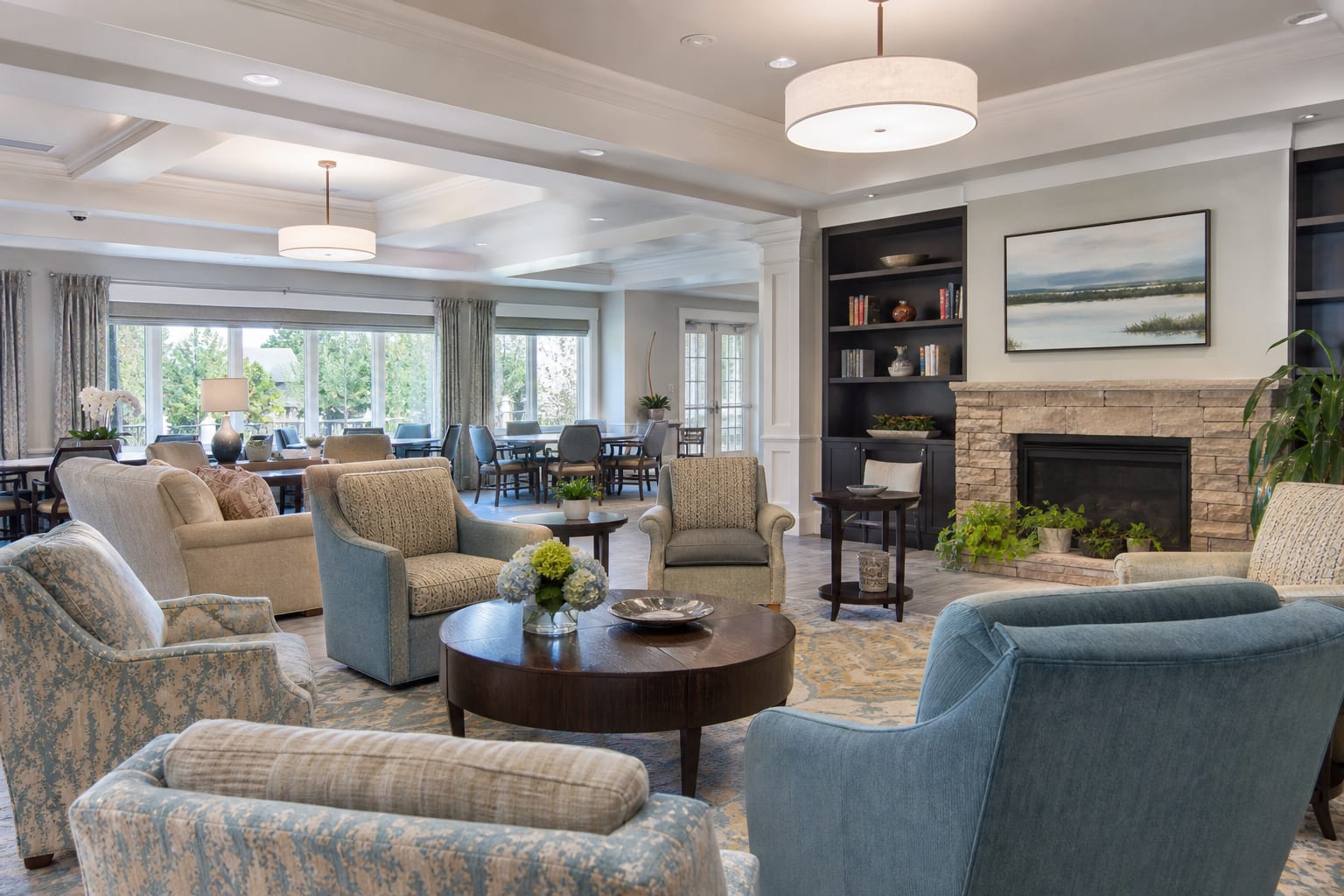 Bright CCRC clubhouse lounge with soft daylight