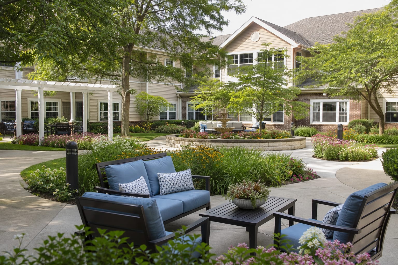 Independent living courtyard with soft daytime light