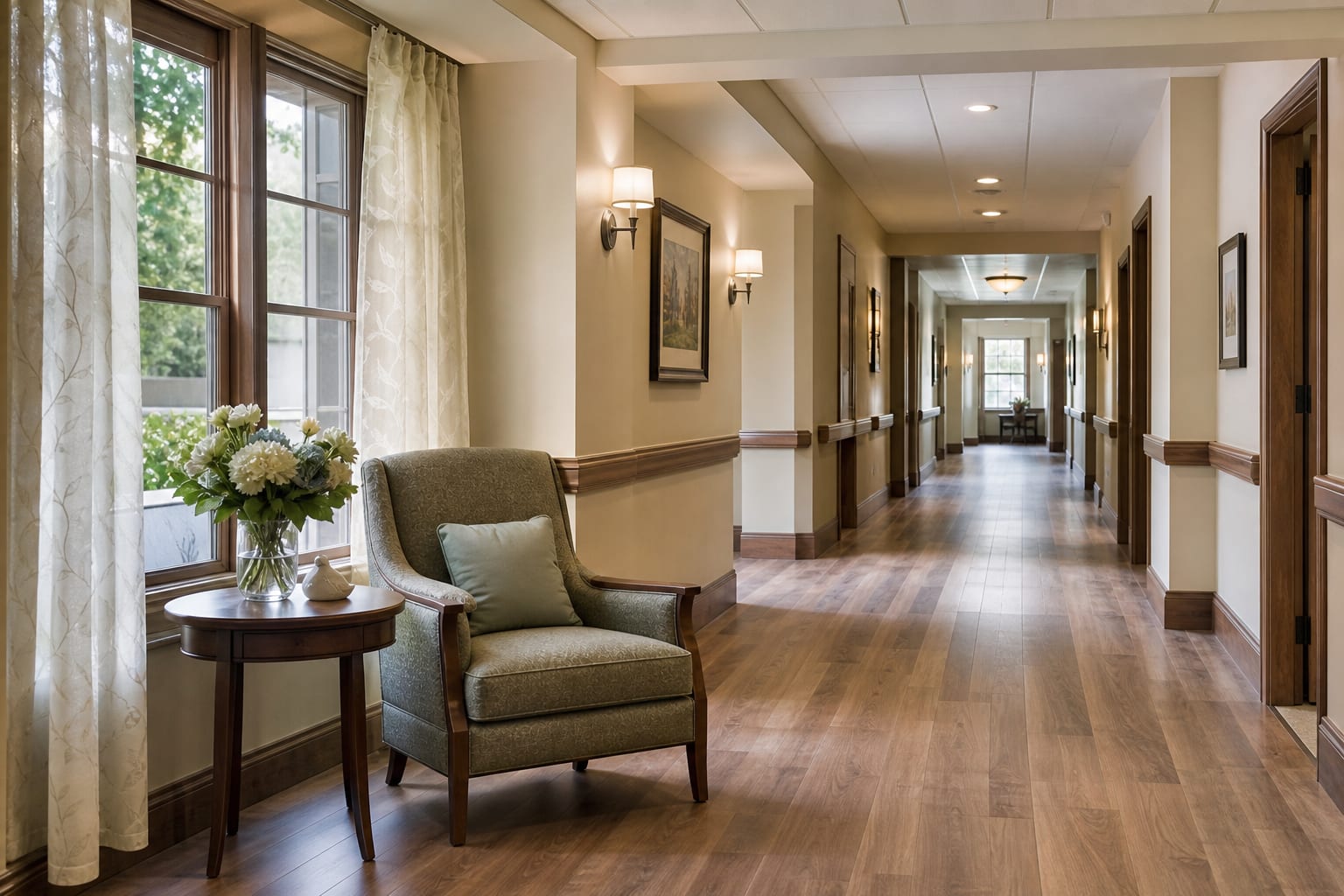 Calm memory care hallway with soft natural light